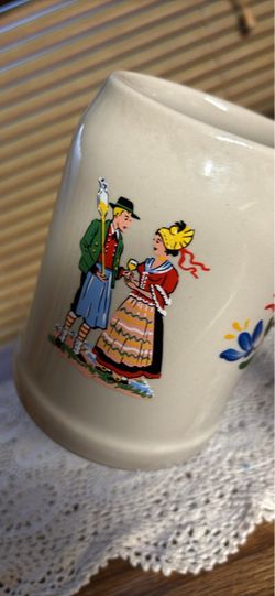 Vintage ceramic beer mug stein transfer decal traditional Alpine couple Handpainted florals 5”