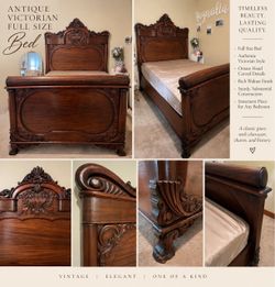 Antique Victorian Carved Walnut Wood Full-Size Bed – Ornate High Headboard & Footboard