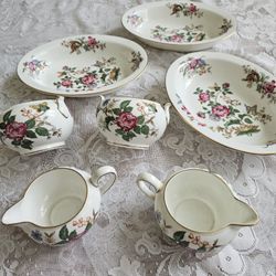 $325.00 - WEDGWOOD Bone China (England) "Chardwood" Series.  (3) Oval Bowls + (2) Creamer Pitchers + (2) Sugar Bowls Without Lids - All "LIKE NEW"