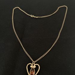 VINTAGE AVON BROWN RHINESTONE IN HEART PENDANT 1 1/8"  WITH 20" CHAIN NECKLACE
