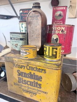 Vintage Advertising Tin & Garage Collectibles Lot – Sunshine Biscuits, Union Leader, Folger’s, Watkins, Cross Country Brake Fluid & More