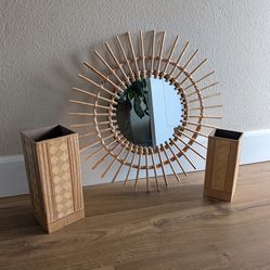 21" Rattan Wall Mirror and 2 Vases