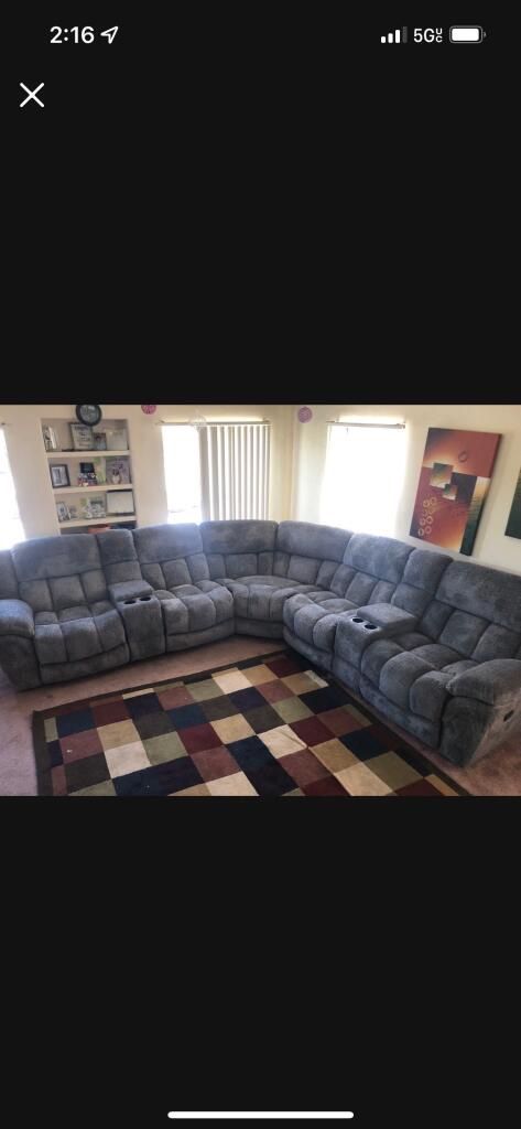 New Reclining Sectional . Grey Flannelette Fabric . 133” X 133”. Free Delivery !