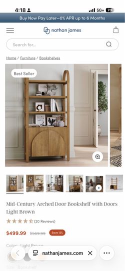 Nathan James Mid-Century Arched Door Bookshelf with Doors Light Brown
