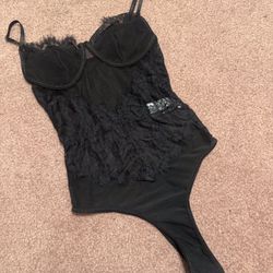 New Small Black Lace Stretchy Bodysuit Lingerie 