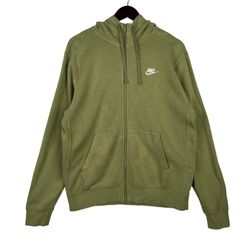 VINTAGE Nike Olive Green Long-Sleeve Club Fleece Swoosh Full-Zip Jacket Men's SZ MEDIUM 