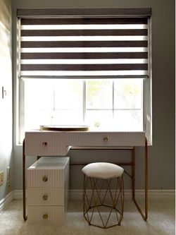 White Fluted Vanity Desk with Stool and Mirror