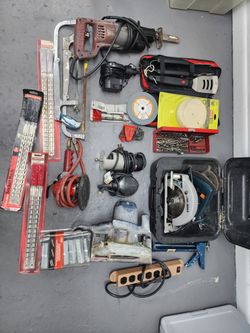 Bundle handyman tools equipment, Saw, Router, sanders, inflator, hacksaws, power box, caulking, punch set, etc