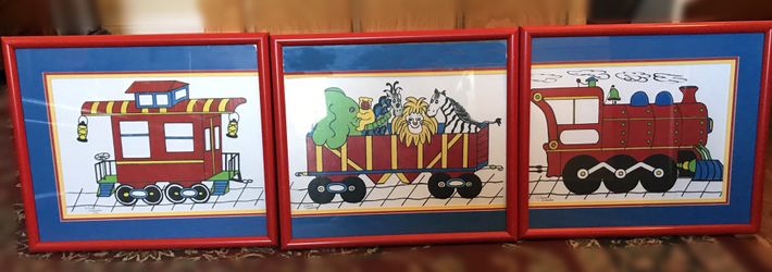 Arlene Armenta framed paintings - Red train with zoo animals