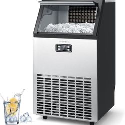 Commercial Ice Maker Machine, 100lbs/24H Stainless Steel Under Counter ice Machine with 33lbs Ice Storage Capacity, Freestanding Ice Maker.