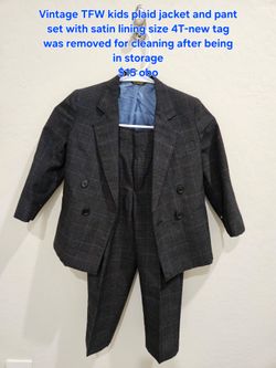 Vintage TFW kids plaid jacket and pant set with satin lining size 4T-new tag was removed for cleaning after being in storage