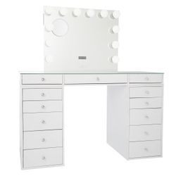 White Vanity Table With Bluetooth Mirror 