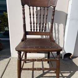 Antique 19th Century Press back Wood Chair w/Victorian Leather Floral Impressed Seat/ Brass Tracks 