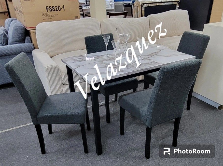 ✅️✅️5 pc white faux marble top dark wood frame charcoal grey chairs dining table set✅️