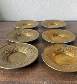 Set of Six Vintage Embossed Brass Floral Saucers or Small Candle Trays