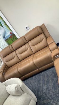 Tan Leather Power Reclining Sofa
