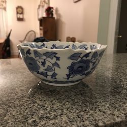 7” wide, 3.5 “ tall. Blue and white Japanese looking bowl.