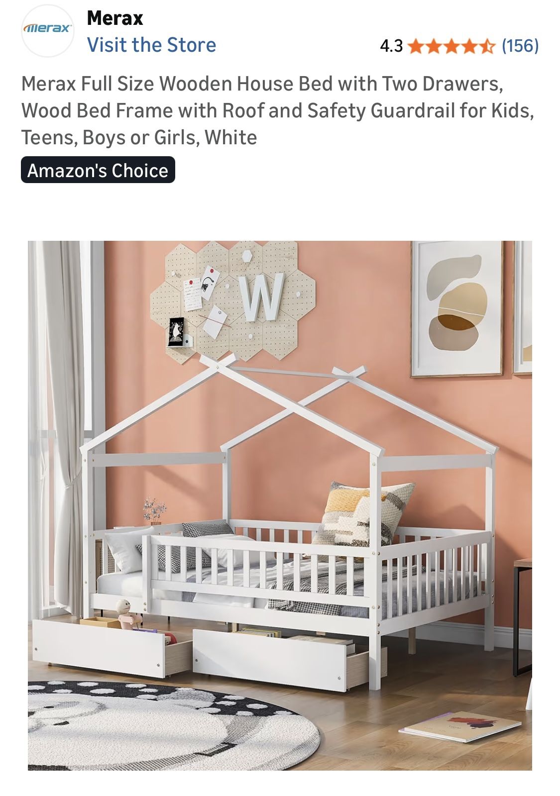 Full Size Wooden House Bed with Two Drawers, Wood Bed Frame with Roof and Safety Guardrail for Kids 