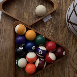 Pool Balls Set with Wooden Rack – Missing 1 Ball 