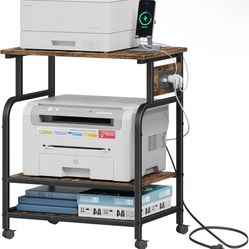 3 Tier Large Printer Stand with Power Outlet/Adjustable Storage Shelf, Rolling Cart with Wheels, Printer Table for Home Office 3D Printer/Heat Press/L