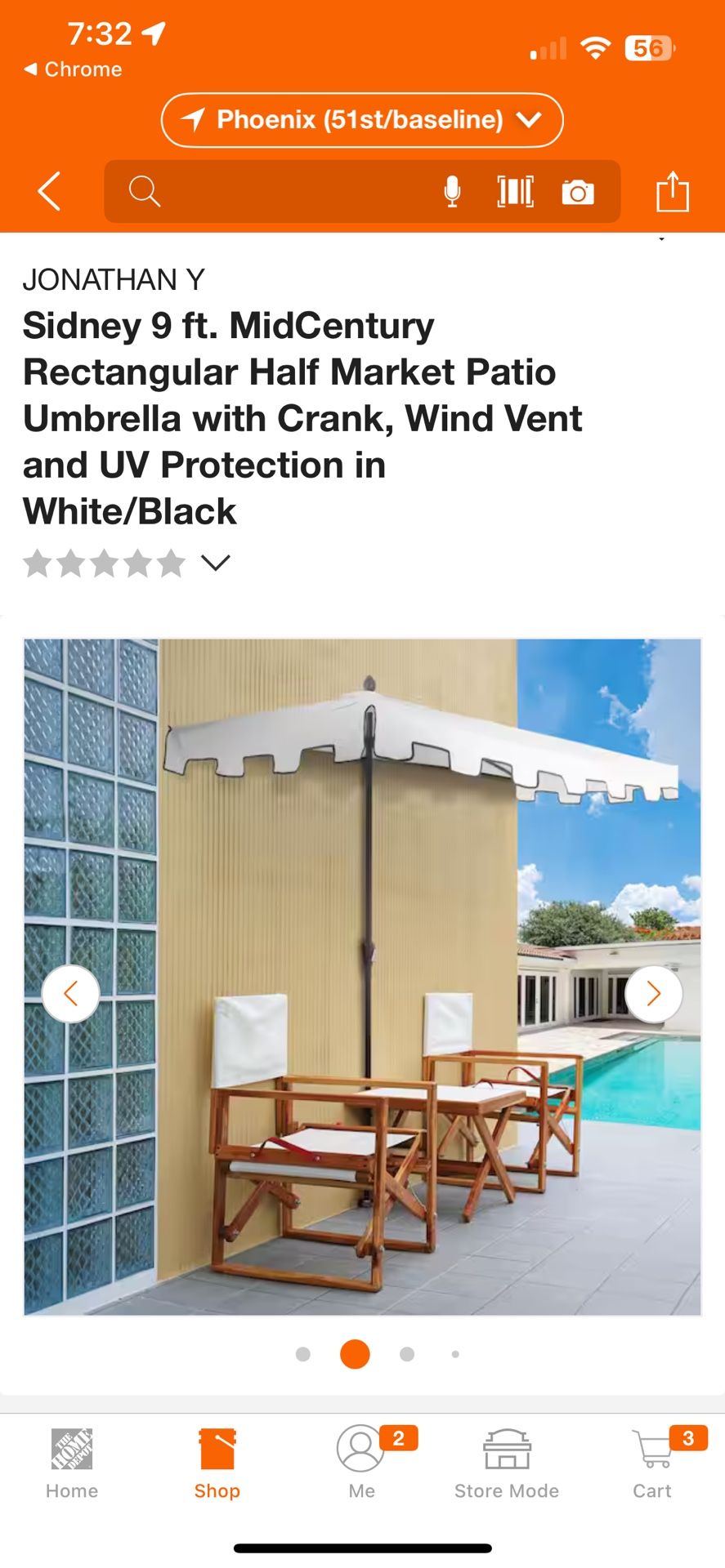 JONATHAN Y Sidney 9 ft. MidCentury Rectangular Half Market Patio Umbrella with Crank, Wind Vent and UV Protection in White/Black (No base)