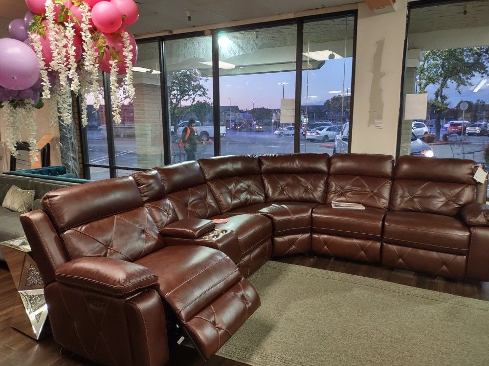 New Top Grain Real Leather Six Pc Sectional Sofa With Three Power Recliners And Three power. Headrests On Sale Now