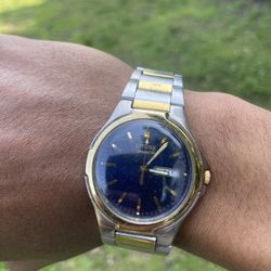 Citizen 36mm WR Blue Dial Day Date Two Tone Men's Watch Used  battery works 