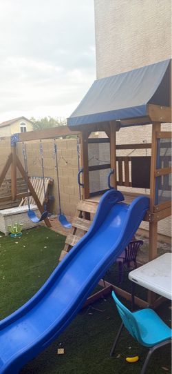 Wooden Swing Set with Slide and Canopy