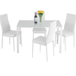 PayLessHere Dining Table Set Glass for Small Spaces Kitchen Table and Chairs for 4 Table with Chairs Home Furniture Rectangular Modern, White Glass