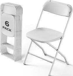 White Folding Chairs 6 Pack, Plastic Folding Chairs for Outside, Heavy Duty Foldable Chairs, Sturdy Metal Folding Chairs, 350 lbs Capacity, for Patio,