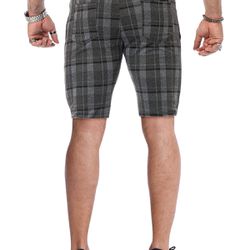 Men's Summer Plaid Shorts Slim Fit Flat Front Business Chino Short Pants