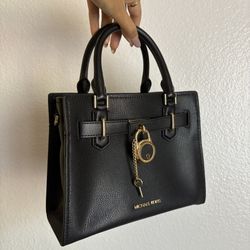 NWOT Michael Kors Hamilton Black Handback Leather Lock Gold Hardware