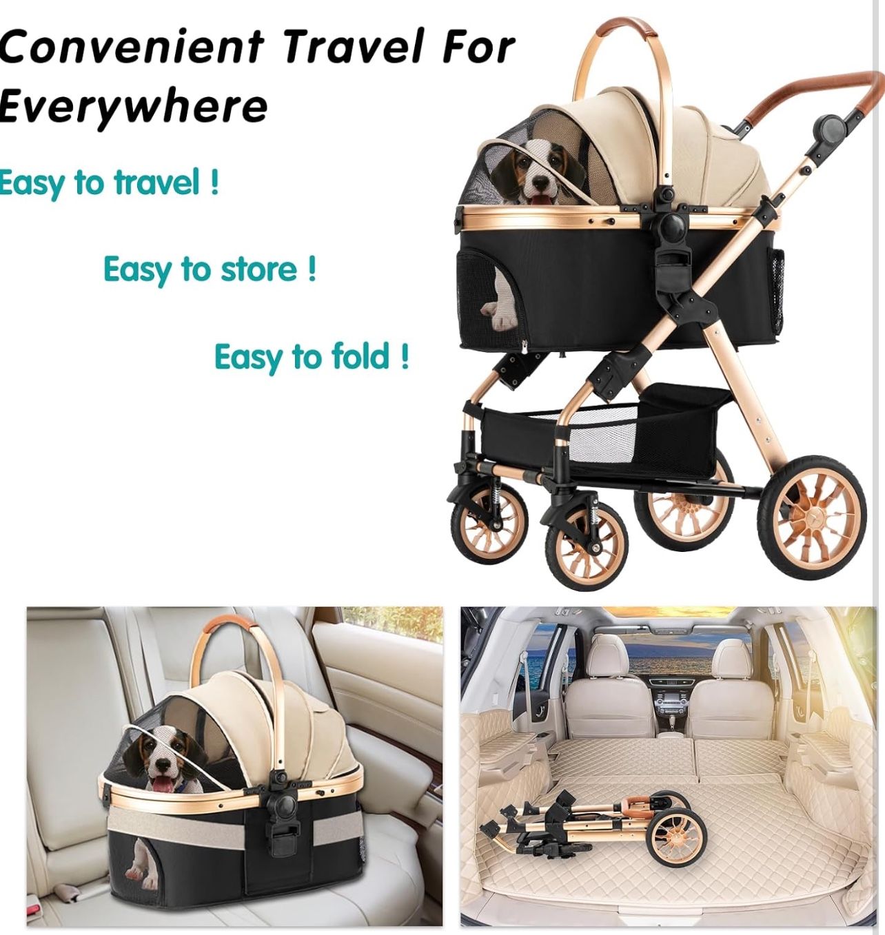 Pet Stroller, Dog Stroller for Medium Small Dog with Storage Basket Foldable Lightweight Dog Carrier Trolley.Basket can be Used Alone.（Khaki