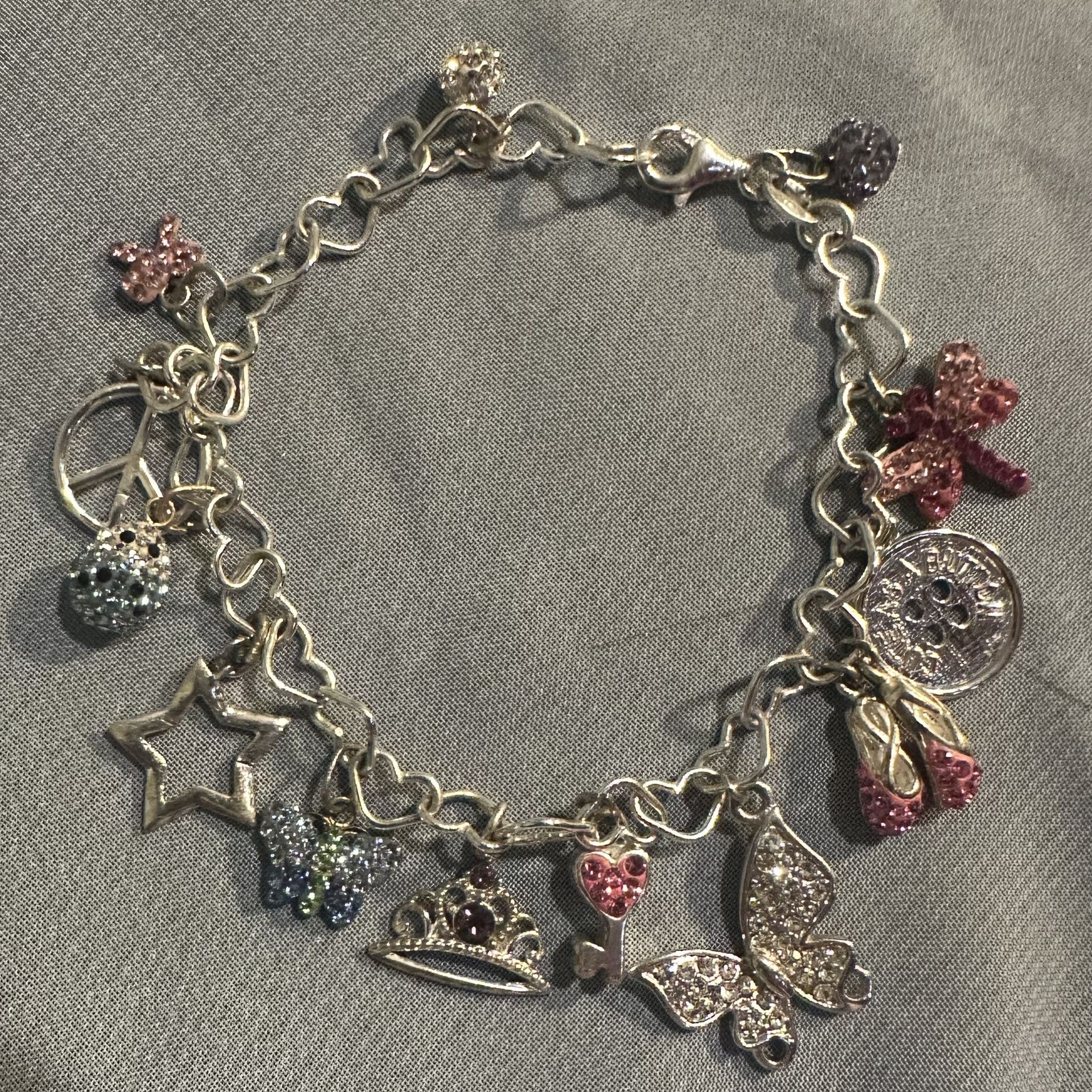 Handmade Sterling Silver Crystal & 14kt Yellow Gold Girls / Teens Charm Bracelet Valentines Day