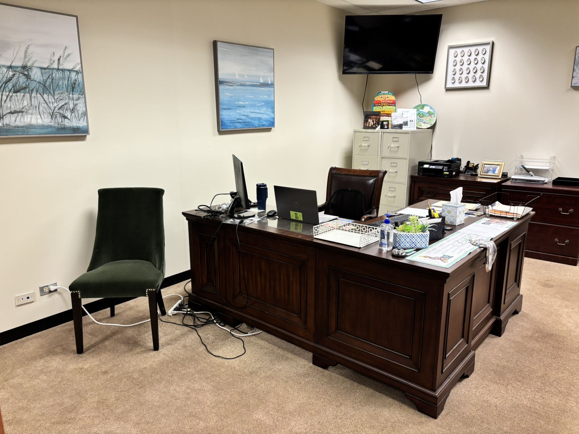 Four segment extra large L shaped administrator desk with electronic control center panel