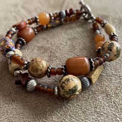 Stone, Clay, Metal, Silver Bracelet Brown/earth tones