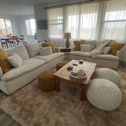 3 piece Cahalan cloud couch set in natural color with pillows & poufs