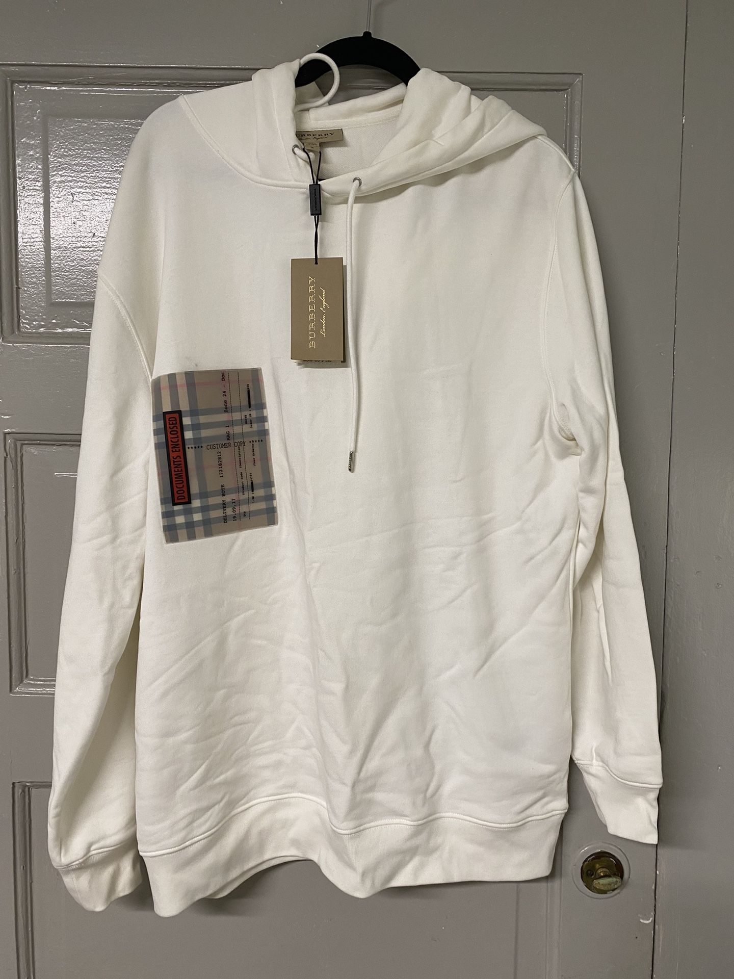 BURBERRY MENS WHITE CHECKERED POCKET HOODED SWEATSHIRT SIZE M