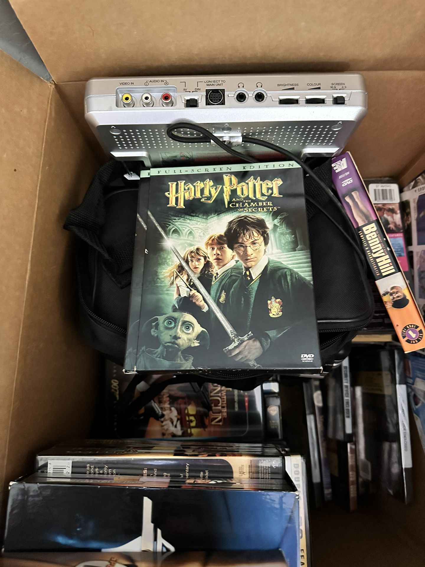 Big Lot Box Of DVDs Movies And DVD Player Kids Adults Bond Wayne Harry Potter And Etc 
