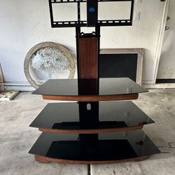 Modern TV Stand with Mount – Glass Shelves & Wood Finish