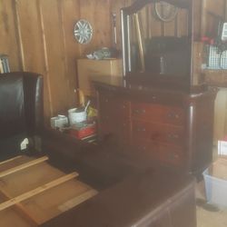 Leather Queen Bed Plus Large Dresser & Mirror.