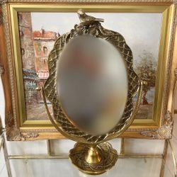 Vintage-Inspired 19” H Heavy Cast Metal and Brass Tabletop Tilting Mirror