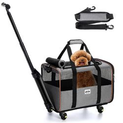 Lekereise Cat Dog Carrier With Wheels Airline Approved Rolling Pet Carrier With Telescopic Handle And Shoulder Straps, Grey 1 - Grey