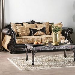 VICTORIAN PRINT GOLD CHENILLE ESPRESSO FINISH SLEIGH STYLE SOFA - SILLON