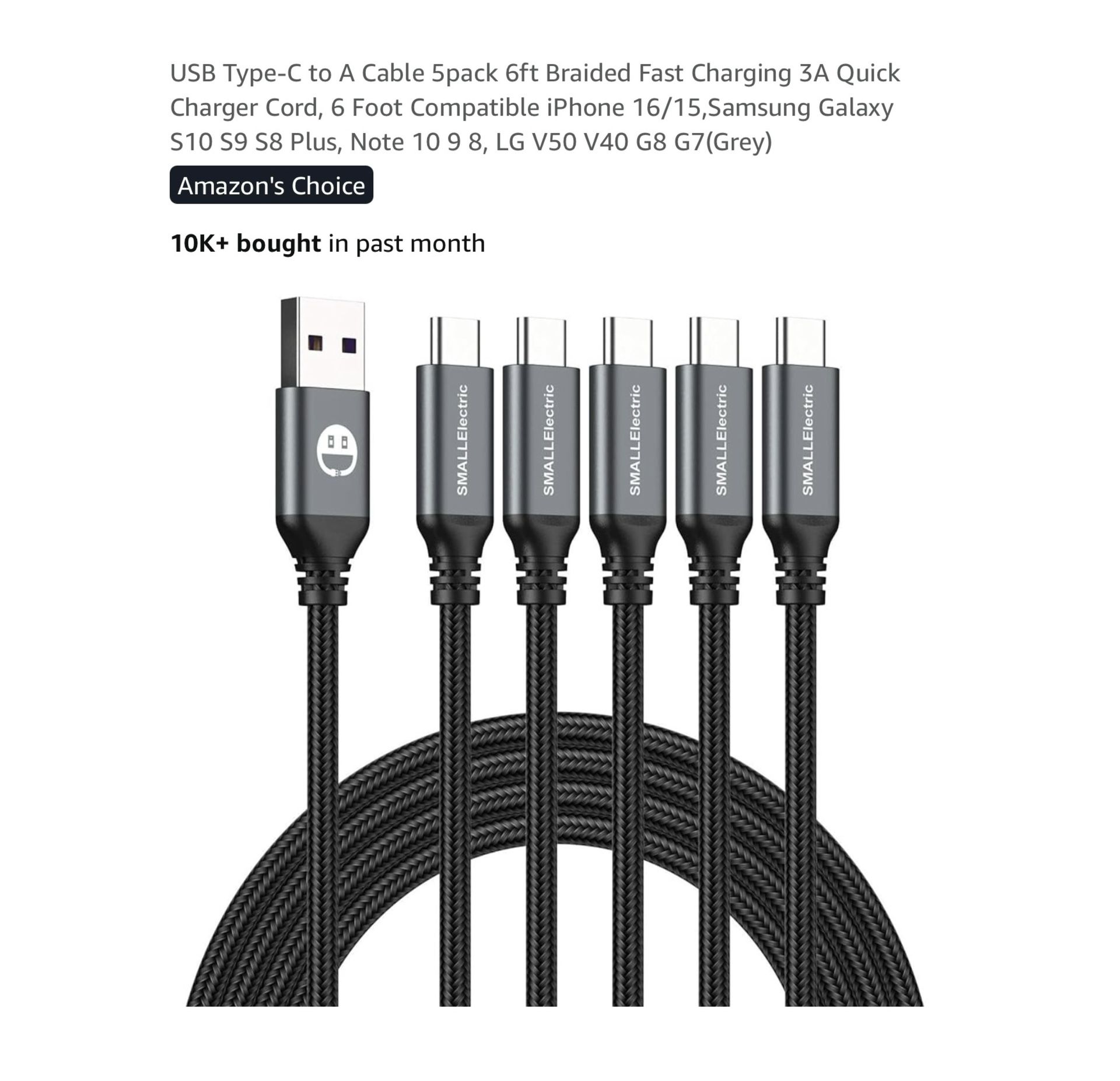 Brand new USB Type-C to A Cable 5pack 6ft Braided Fast Charging 3A Quick Charger Cord, 6 Foot Compatible iPhone 16/15,Samsung Galaxy S10 S9 S8 Plus, N