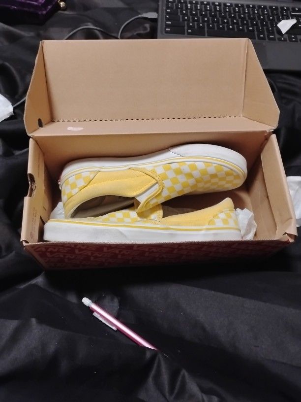 Yellow Checkered Slip On Vans
