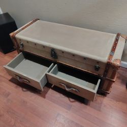 Leather Glass Wood Storage Trunk Coffee Table