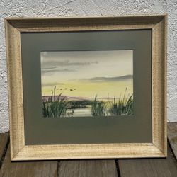 Landscape Pond birds Nature Painting Framed 15”x13.5” (Silver Lake)