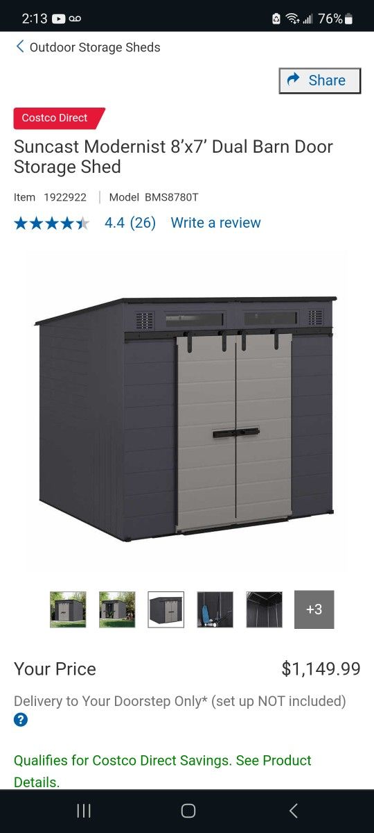 Suncast Modernist 8’x7’ Dual Barn Door Storage Shed $950