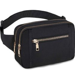 Black Fanny Pack Waist Pack Belt Bag for Men Boys Girls with 5 Pockets Adjustable Belts, Cute